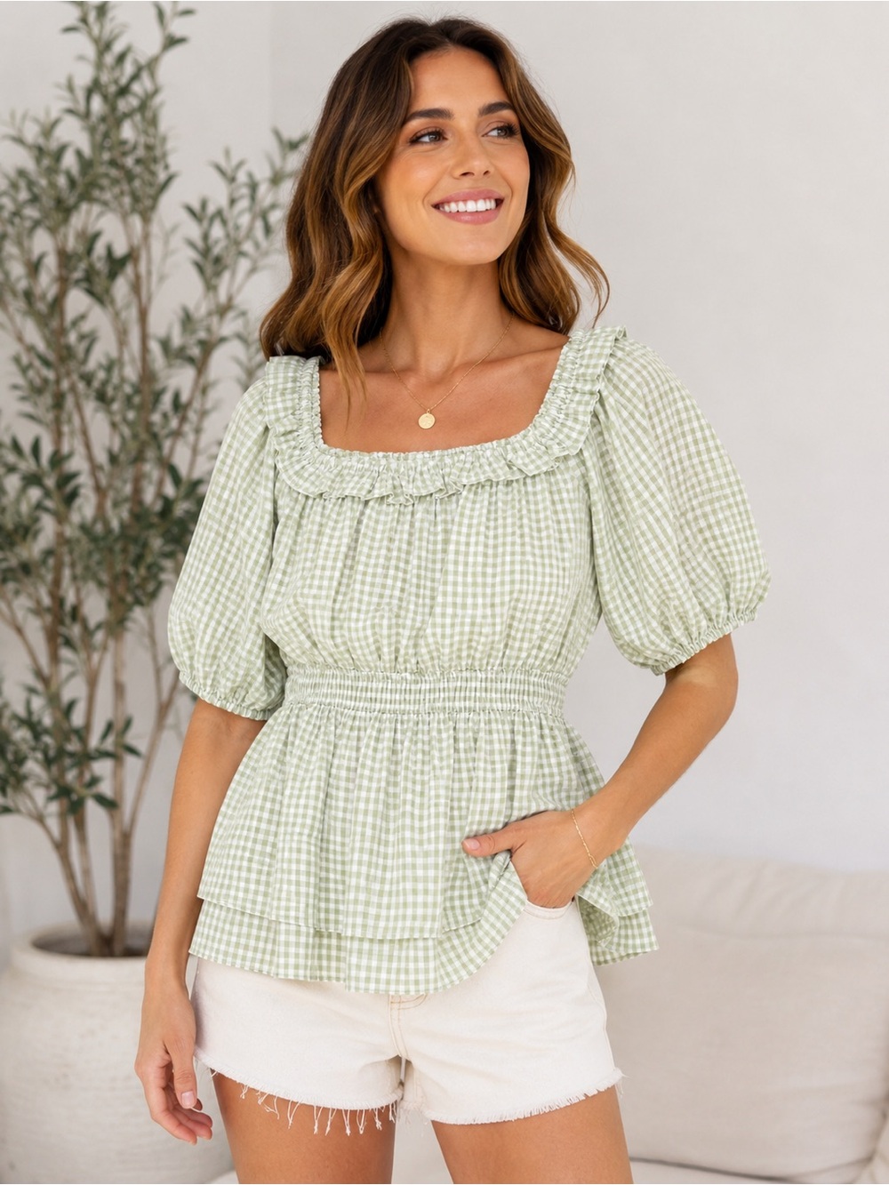 🌺Heyson Green Gingham Square-Neck Smocked Peplum Top